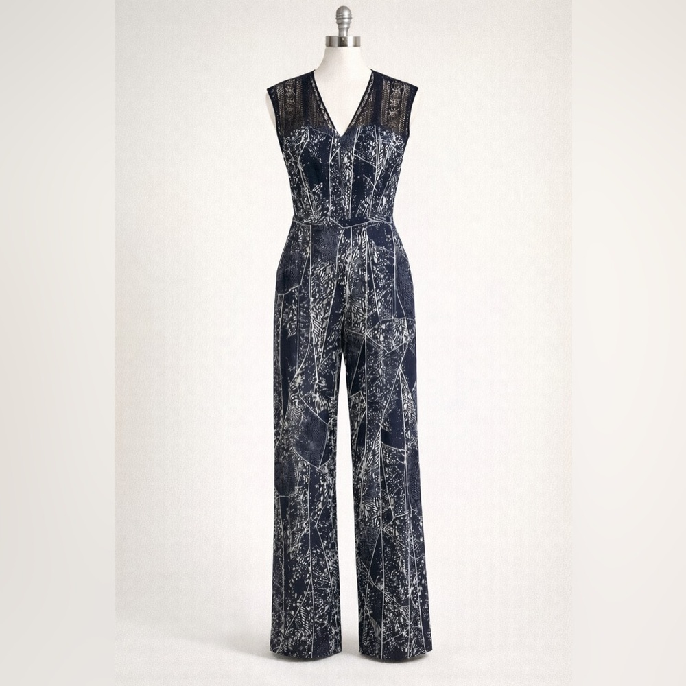Massimo Navy and White Geometric Lace-Trim Jumpsuit - Picture 2 of 2